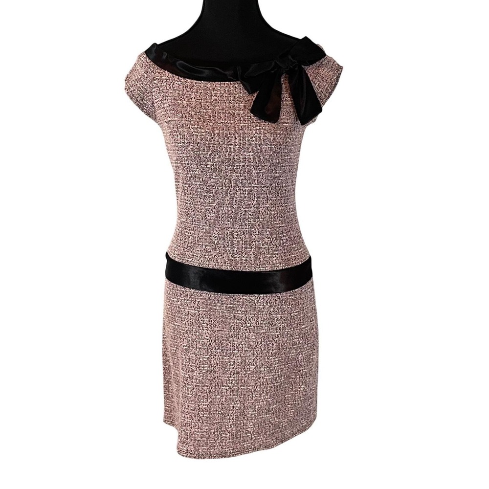 VTG Ruby Rox Pink Black Tweed Bow Off Shoulder Mini Dress Womens Small 60s Style - Picture 1 of 8